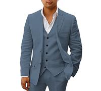 HUUTOE Costume 3 pièces en lin pour homme - Pour la plage, les mariages, les garçons d'honneur - Costume d'été décontracté - Blazer en lin - Gilet et pantalon de smoking, Bleu smog, Taille M