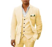 HUUTOE Costume 3 pièces en lin pour homme - Pour la plage, les mariages, les garçons d'honneur - Costume d'été décontracté - Blazer en lin - Gilet et pantalon de smoking, jaune, Taille S