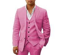 HUUTOE Costume 3 pièces en lin pour homme - Pour la plage, les mariages, les garçons d'honneur - Costume d'été décontracté - Blazer en lin - Gilet et pantalon de smoking, rose, XX-Small