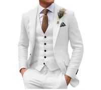 HUUTOE Costume 3 pièces en lin pour homme, pour mariage, été, plage, loisirs, garçons d'honneur, smoking avec blazer, pantalon et gilet, blanc, 52
