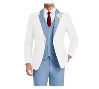 HUUTOE Costume 3 pièces pour homme - Coupe ajustée - Pour mariage, bal de fin d'année, affaires, blazer à un bouton - Veste gilet et pantalon - Smoking, Bleu poussiéreux/blanc, Taille 3XL