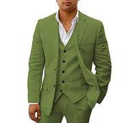 HUUTOE Costumes 3 pièces en lin pour homme - Costume décontracté et formel pour homme - Coupe ajustée - Smoking d'été - Blazer personnalisé, vert olive, Taille L