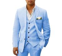 HUUTOE Costumes 3 pièces en lin pour homme - Costume décontracté et formel pour homme - Coupe ajustée - Smoking d'été - Blazer personnalisé, bleu ciel, Taille 6XL