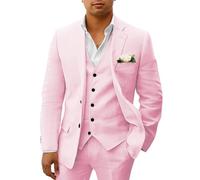 HUUTOE Costumes 3 pièces en lin pour homme - Costume décontracté et formel pour homme - Coupe ajustée - Smoking d'été - Blazer personnalisé, rose, Taille 6XL