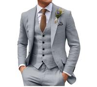 HUUTOE Ensemble 3 pièces en lin pour homme - Coupe ajustée - Pour la plage, les mariages, l'été, les bals, les mariés - Avec blazer, pantalon et gilet, Gris argenté., 44