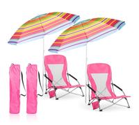 Huwena Lot de 2 chaises de plage pour adulte avec 2 parapluies, chaise pliante basse, amovible, réglable, légère avec accoudoirs, porte-gobelet, sac de transport portable pour le sable, le camping,