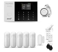 HUXGO® HXA005 Système d'alarme Maison WiFi + GSM 4G avec Sirène | Alarme Maison avec capteur de fenêtre sans Fil, 5X détecteurs de Mouvement | Kit d'alarme Anti Intrusion pour Appartement, Garage