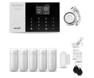 HUXGO® HXA005 Système d'alarme Maison WiFi + GSM 4G avec Sirène | Alarme Maison avec capteur de fenêtre sans Fil, 5X détecteurs de Mouvement | Kit d'alarme Anti Intrusion pour Appartement, Garage
