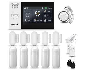 HUXGO® HXA007 Alarme Maison sans Fil WiFi + GSM 4G avec Sirène | Système d'alarme Domestique avec 5X détecteurs de Mouvement, 5X capteurs de Porte | Alarme sans Fil avec TUYA App.