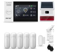 HUXGO® HXA007 Système d'alarme Maison WiFi + GSM 4G avec Solaire Sirène Radio | Kit Alarme avec 1x capteur de fenêtre, 5X détecteurs de Mouvement | Sécurité de la Maison Intelligente avec alertes SMS