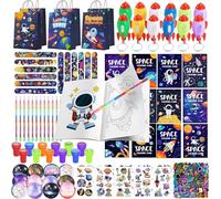 Huxolynifty Cadeaux Anniversaire Espace,146pcs Pinata Anniversaire Papeterie Astronaute avec Slap Bracelet Porte-clés Sac Cadeau Tampon Balles Rebondissantes ect Fournitures de Fête à Thème Espace