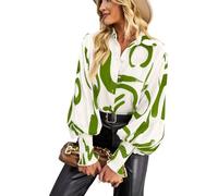HUXRAKV Casual Imprimée Chemisier Femme Manche Longue Chic et Élégante Chemisier Boutonnée Fluide Hauts à Revers Manches lanternes Tops Automne Hiver,WD15-Vert 2,M