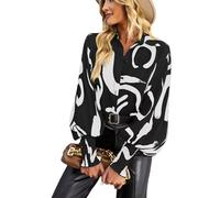 HUXRAKV Casual Imprimée Chemisier Femme Manche Longue Chic et Élégante Chemisier Boutonnée Fluide Hauts à Revers Manches lanternes Tops Automne Hiver,WD15-Noir 2,S
