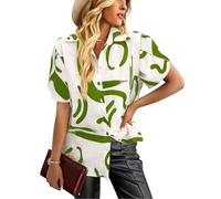 HUXRAKV Casual Imprimée Chemisier Femme Manches Courtes Chic et Élégante Chemisier Boutonnée Fluide Hauts à Revers Manches lanternes Tops,WD40-Vert 2,XL