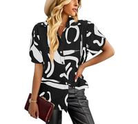 HUXRAKV Casual Imprimée Chemisier Femme Manches Courtes Chic et Élégante Chemisier Boutonnée Fluide Hauts à Revers Manches lanternes Tops,WD40-Noir 2,XL