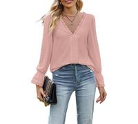 HUXRAKV Chemise Décontractée pour Femmes Élégant T-Shirts à Manches Longues col en V Dentelle Patchwork Printemps l'automne Chemisier en Maille Jacquard Top d'affaires Habillé,A-Rose,L