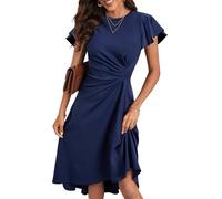 HUXRAKV Robe Femme Chic et Elegant Midi Robe de Cocktail Mancheà Volants Robe Unie A-Line à Plis de Taille Robe de Soirée Fête Affaires,52-Bleu Marine,S