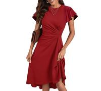 HUXRAKV Robe Femme Chic et Elegant Midi Robe de Cocktail Mancheà Volants Robe Unie A-Line à Plis de Taille Robe de Soirée Fête Affaires,52-Rouge,S