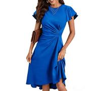HUXRAKV Robe Femme Chic et Elegant Midi Robe de Cocktail Mancheà Volants Robe Unie A-Line à Plis de Taille Robe de Soirée Fête Affaires,52-Bleu,S