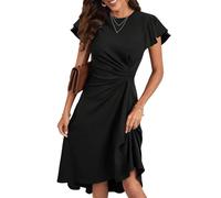 HUXRAKV Robe Femme Chic et Elegant Midi Robe de Cocktail Mancheà Volants Robe Unie A-Line à Plis de Taille Robe de Soirée Fête Affaires,52-Noir,XL
