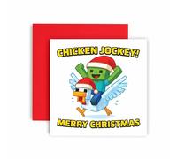Huxters Carte de Noël amusante avec motif de poulet jockey, thème de Noël festif pour garçons, filles, enfants, fils, frère, petit-fils, neveu, ami, carré de 14,8 cm (poulet jockey)