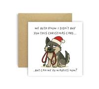 Huxters Carte de Noël amusante de Dog Norwegian Elkhound pour maman, papa, chien, parents, chiens - We Both Know I Didn't Buy You This Card But Can We Go Walkies Now ? (Elkhound norvégien)