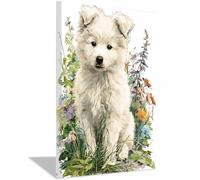 HUYEEI Affiches et impressions d'animaux Compagnons de fleurs avec des chiens toile decoration murale, Convient pour le salon, la chambre,Bureau du corridor etc.(blanc137)-40x60cm Encadrée