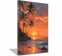 HUYEEI Beach Sunset Canvas Art Lueur accompagnée d'une noix de coco Décoration murale marine et océan pour salon, affiches de peinture sur toile(orange)-40x60cm Encadrée
