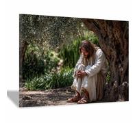 HUYEEI Décoration murale sur toile de chrétienne Se reposer sous un arbre affiche religieuse abstraite moderne imprimée pour salon,chambre à coucher,décoration d'église(vert106)-70x100cm Encadrée