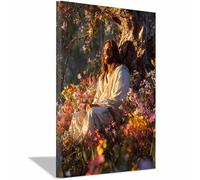 HUYEEI Impression sur toile Jésus Assis parmi les fleurs Portrait de tranquillité,Décoration murale pour salon, chambre à coucher, église, salle de prière(blanc)-40x60cm Encadrée