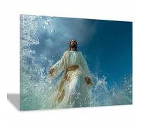 HUYEEI Impression sur toile Jésus Eau bénite brisée Portrait de tranquillité,Décoration murale pour salon, chambre à coucher, église, salle de prière(bleu)-40x60cm Encadrée