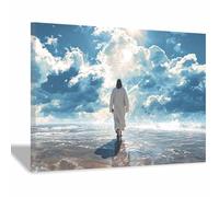 HUYEEI Impression sur toile Jésus Marcher vers la lumière Portrait de tranquillité,Décoration murale pour salon, chambre à coucher, église, salle de prière(bleu05)-40x60cm Encadrée