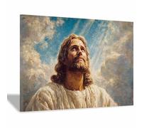 HUYEEI Impression sur toile Jésus Regard vers le ciel Portrait de tranquillité,Décoration murale pour salon, chambre à coucher, église, salle de prière(blanc165)-60x90cm Encadrée