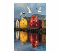 HUYEEI Impression sur Toile Paysage Ancrage de la maison des mouettes tableaux, arts décoratifs, Convient pour le salon, la salle de bain Décoration murale, etc.(bleu)-20x30cm Sans cadre