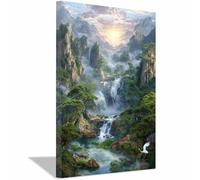 HUYEEI Impression sur Toile Paysage Cascade de montagne tableaux, arts décoratifs, Convient pour le salon, la salle de bain Décoration murale, etc.(vert)-20x30cm Encadrée