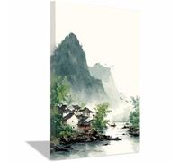 HUYEEI Impression sur Toile Paysage Rivière villageoise à l'encre tableaux, arts décoratifs, Convient pour le salon, la salle de bain Décoration murale, etc.(vert)-60x80cm Encadrée