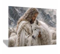 HUYEEI JéSus Christ Toile Tableau Apprivoiser le loup sur toile Poster de décoration,Decoration à La Maison Murale Tableaux salon, chambre(blanc114)-60x80cm Encadrée