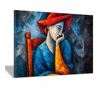 HUYEEI Oeuvre Peinte Abstraite Toile Moderne Mur Femme au chapeau rouge S'applique à,Tableau Decoration Murale Chambre Salon Maison Deco Cuisine(Cacher le bleu56)-60x90cm Encadrée