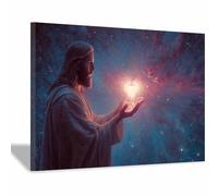 HUYEEI Peinture de style classique de Jésus-Christ Soutenant la lumière du cœur impression murale,adaptée à la décoration, le salon, la chambre, l'église, l'hôpital(bleu77)-70x100cm Encadrée