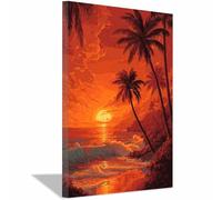 HUYEEI peintures sur toile Vagues reflétées par une noix de coco avec photos contemporaines de mer plage décoration murale pour salon chambre salle de bain à coucher(orange)-60x90cm Encadrée