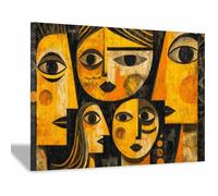 HUYEEI Tableau abstrait moderne sur toile Rassemblement de visages jaunes Grande peinture d'art affiche murale,pour Salle de bain Bureau Cuisine Couloir Appartement Salon(Jaune124)-70x100cm Encadrée