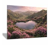 HUYEEI Tableau Paysage Nature Fleurs autour du lac toile decoration murale, impression d'art Convient pour la chambre, le salon, la salle de bain, etc.(rose)-60x80cm Encadrée