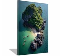 HUYEEI Tableau Paysage Nature Île Bateaux sur la mer toile decoration murale, impression d'art Convient pour la chambre, le salon, la salle de bain, etc.(vert)-40x60cm Encadrée