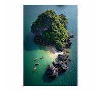 HUYEEI Tableau Paysage Nature Île Bateaux sur la mer toile decoration murale, impression d'art Convient pour la chambre, le salon, la salle de bain, etc.(vert)-60x80cm Sans cadre