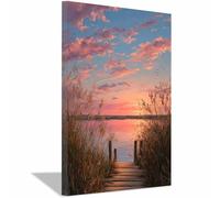 HUYEEI Tableau Paysage Nature Rive du lac au crépuscule toile decoration murale, impression d'art Convient pour la chambre, le salon, la salle de bain, etc.(bleu)-60x80cm Encadrée