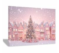 HUYEEI Tableau rustique sur toile Village enneigé imprimé hivernal, décoration de Noël vintage, pour le salon ou la chambre d'enfant(rose69)-20x30cm Encadrée