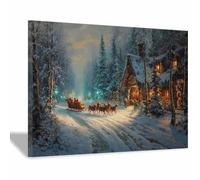 HUYEEI Tableau rustique sur toile Village sous la neige imprimé hivernal, décoration de Noël vintage, pour le salon ou la chambre d'enfant(blanc49)-70x100cm Encadrée