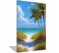 HUYEEI Toile murale à suspendre Noix de coco Plages Chemin Peinture de l'océan apaisante - Décoration d'intérieur pour salle de bain, salon, chambre à coucher(bleu)-70x100cm Encadrée