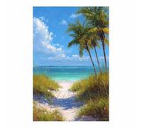 HUYEEI Toile murale à suspendre Noix de coco Plages Chemin Peinture de l'océan apaisante - Décoration d'intérieur pour salle de bain, salon, chambre à coucher(bleu)-70x100cm Sans cadre