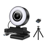 HUYEOOG Mini webcam HD 1080p avec lumière de remplissage 3 couleurs, objectif grand angle, microphone antibruit et trépied, adaptateur USB C inclus pour ordinateur portable, bureau, zoom, diffusion en